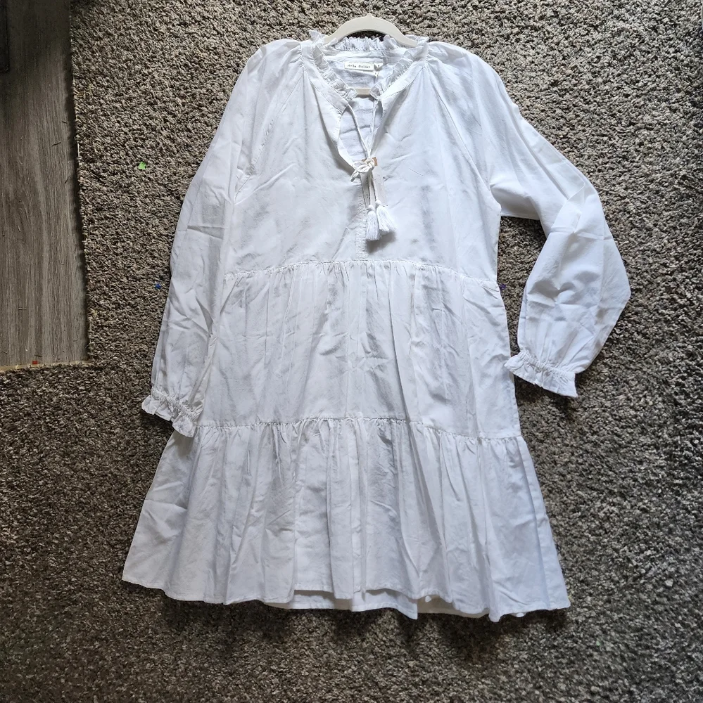 Roller RabbitJanni Tie V-Neck Long Sleeve Ruffle Cuff Waistless Tiered Dress - Picture 10 of 16